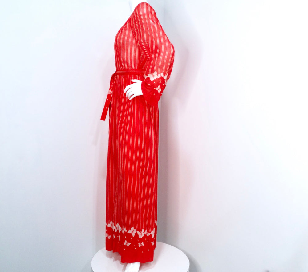 Hanae Mori 1970s Red & White Striped Maxi Dress With Butterfly Print