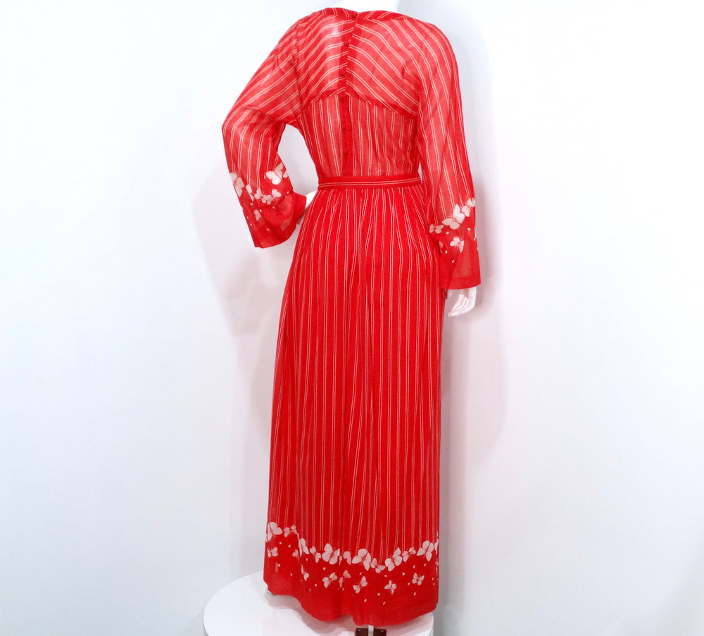 Hanae Mori 1970s Red & White Striped Maxi Dress With Butterfly Print