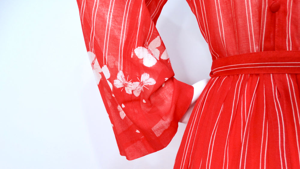 Hanae Mori 1970s Red & White Striped Maxi Dress With Butterfly Print