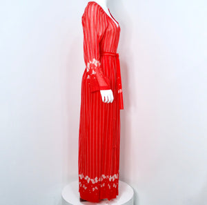 Hanae Mori 1970s Red & White Striped Maxi Dress With Butterfly Print