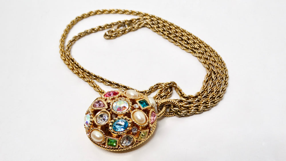 Vintage Long Rope Chain & Multicolor Costume Jewel Encrusted Pendant Necklace