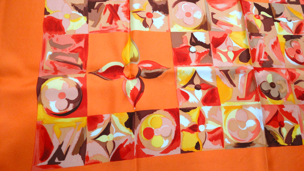 Louis Vuitton "Carre Au Fil Dua Temps" Orange Monogram Silk Print Scarf