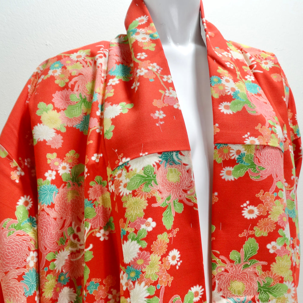 1970s Handmade Japanese Red Floral Long Kimono