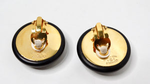 Chanel Black & Gold Tone Interlocking CC Round Clip-On Earrings circa 1989