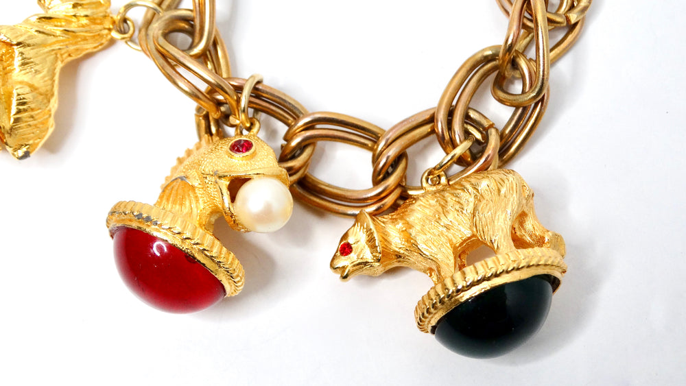 Vintage 14k Gold Plated Jewel-Tone Animal Motif Charm Bracelet