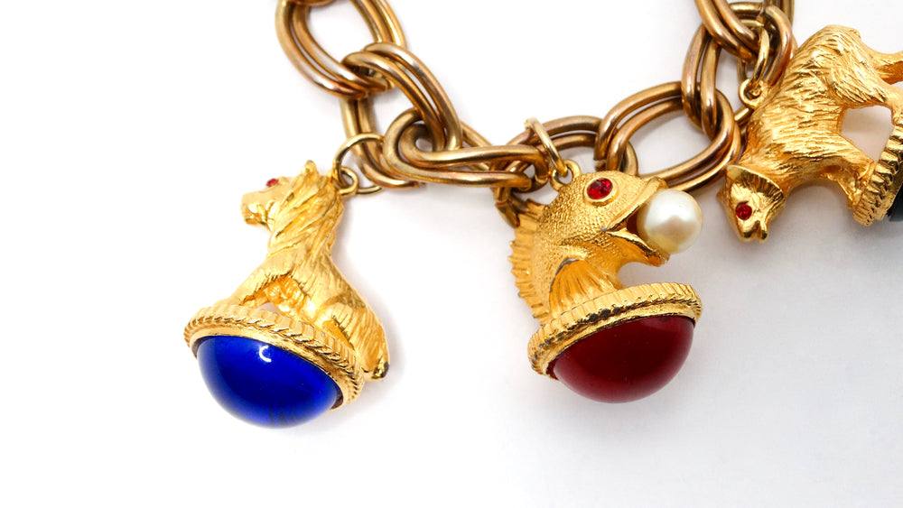 Vintage 14k Gold Plated Jewel-Tone Animal Motif Charm Bracelet