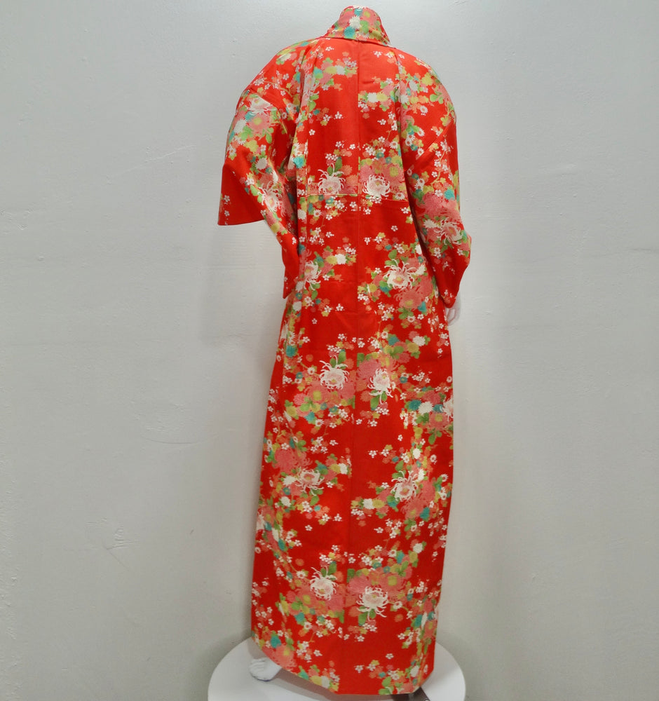 1970s Handmade Japanese Red Floral Long Kimono