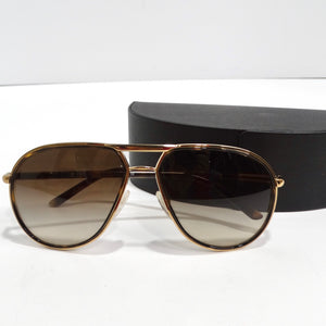 Prada 1990s Gold Tone Tortoise Shell Aviator Sunglasses