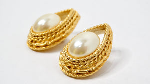 Tear Drop Pearl & Gold-Tone Layered Chain Clip-On Earrings