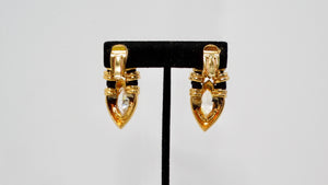 Angela Kramer Vintage 18k Gold Plated Rhinestone & Black Rope Clip-On Earrings