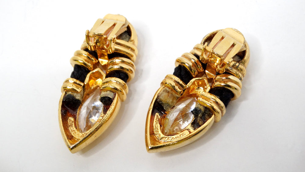 Angela Kramer Vintage 18k Gold Plated Rhinestone & Black Rope Clip-On Earrings