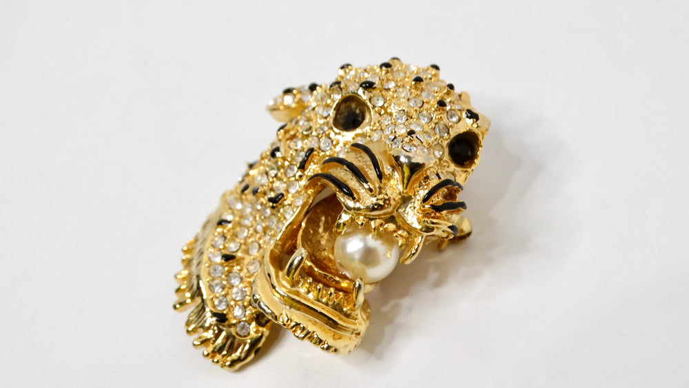 1970s Leopard Rhinestone Encrusted Gold-Tone Brooch With Pearl