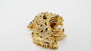 1970s Leopard Rhinestone Encrusted Gold-Tone Brooch With Pearl