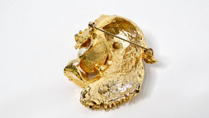 1970s Leopard Rhinestone Encrusted Gold-Tone Brooch With Pearl