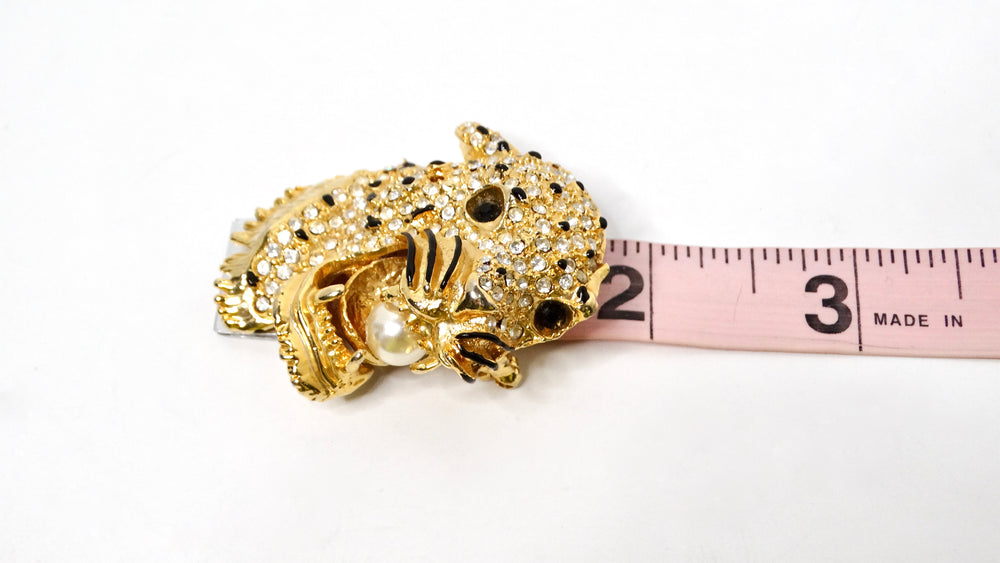 1970s Leopard Rhinestone Encrusted Gold-Tone Brooch With Pearl