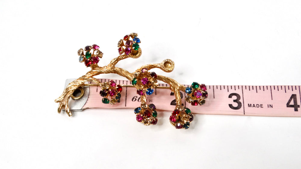 1950s Gold-Tone Multi-Color Rhinestone Flower & Branch Motif Brooch