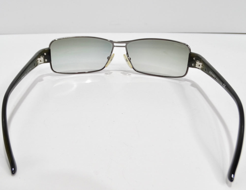 Prada 1990s Silver Tone Green Rectangular Sunglasses