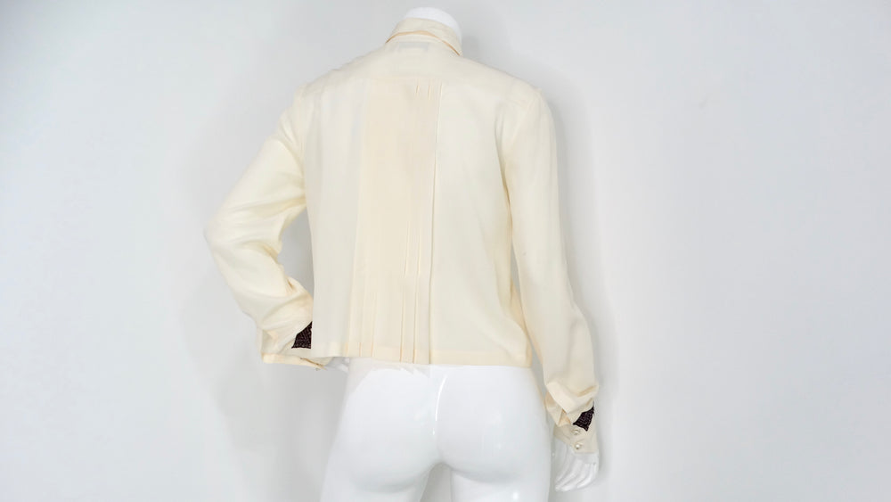 Chanel Pleated Cream Silk Blouse With Beaded Lace Accents circa 2002