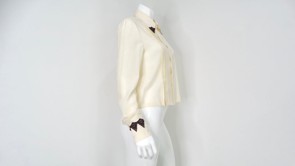 Chanel Pleated Cream Silk Blouse With Beaded Lace Accents circa 2002