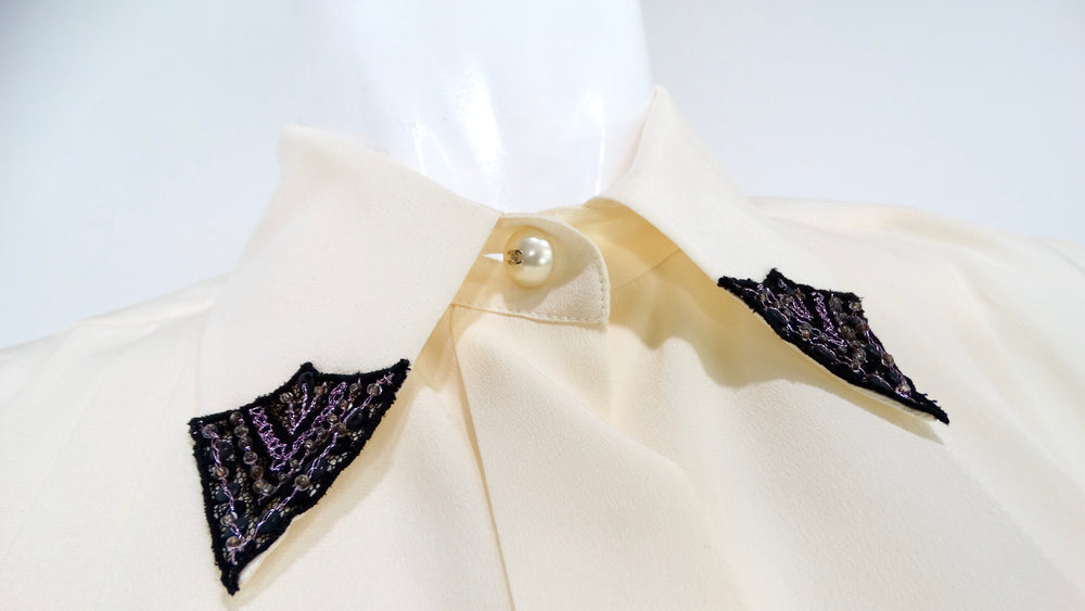 Chanel Pleated Cream Silk Blouse With Beaded Lace Accents circa 2002