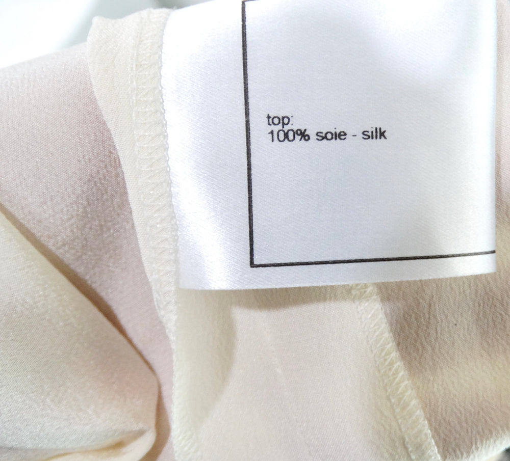Chanel Pleated Cream Silk Blouse With Beaded Lace Accents circa 2002