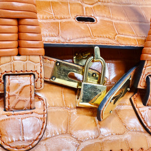 Gucci Rare Orange Crocodile Leather Woven Top Handle Bag