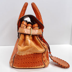 Gucci Rare Orange Crocodile Leather Woven Top Handle Bag