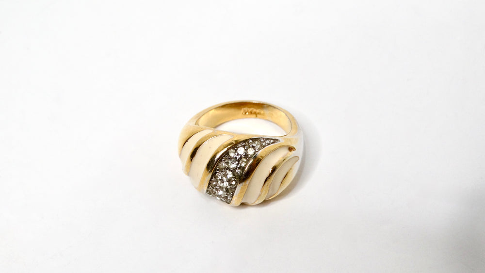 Vintage 1970s 18k Gold Plated & Crystal Striped Dome Ring