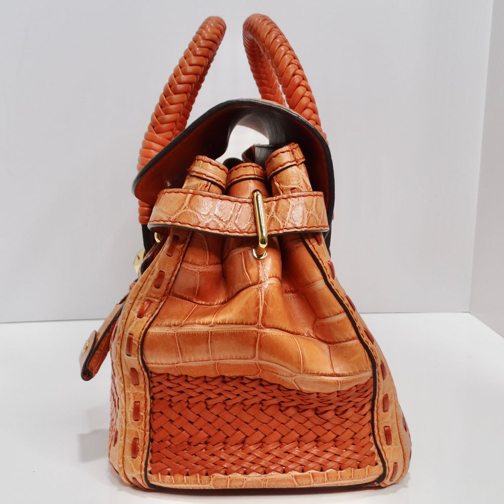 Gucci Rare Orange Crocodile Leather Woven Top Handle Bag