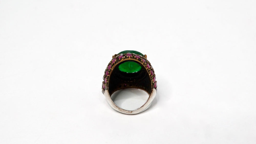 Handmade Sterling Silver Costume Emerald & Rhinestone Statement Cocktail Ring