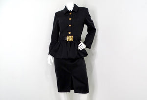 Chanel Black Ruched & Belted Silk Jacket & Skirt Suit Set circa 2019