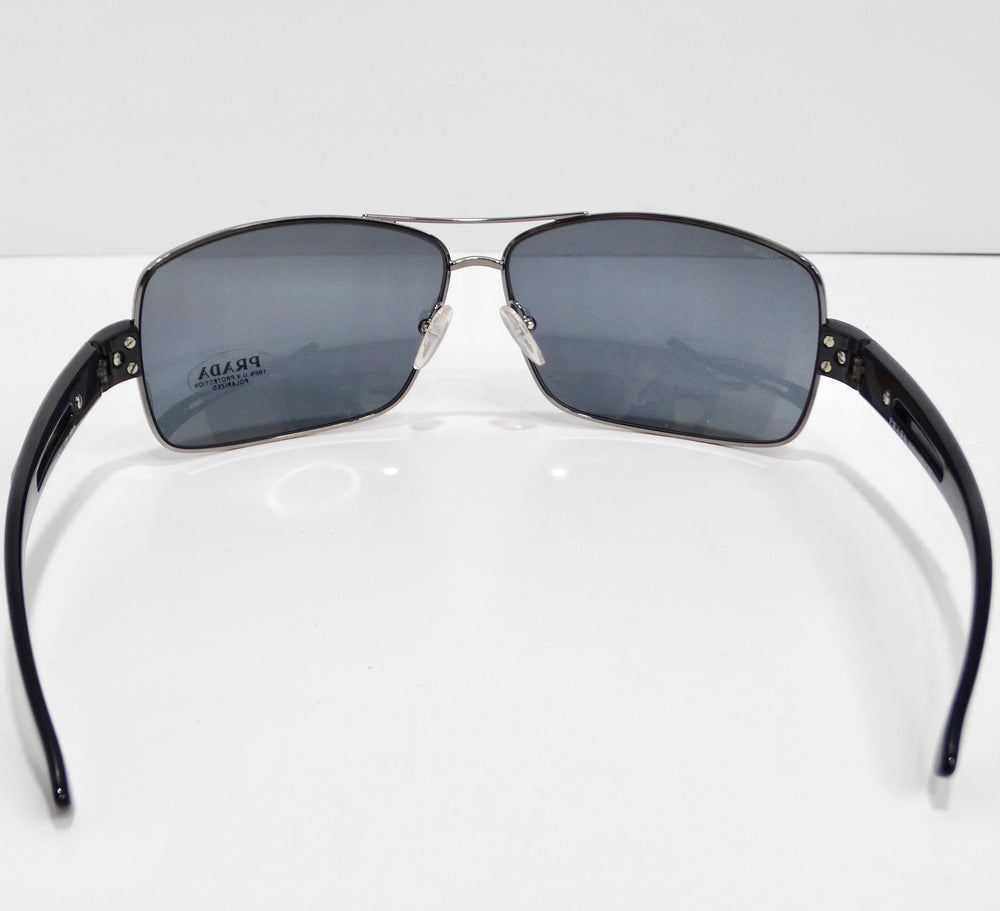 Prada 1990s Black Silver Tone Aviator Sunglasses