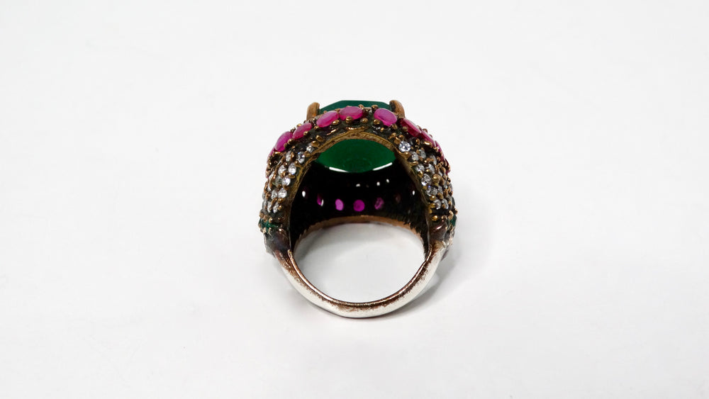 Handmade Sterling Silver Costume Emerald & Rhinestone Round Cocktail Ring