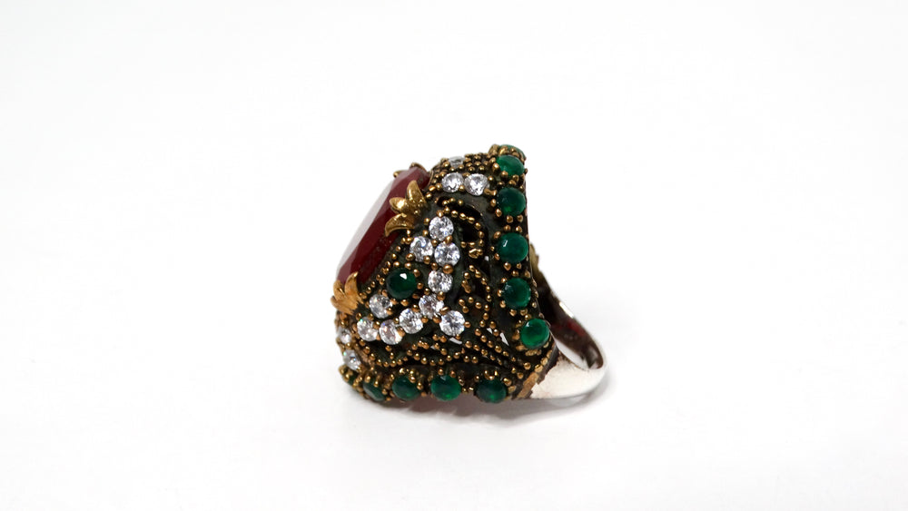 Vintage Sterling Silver Costume Ruby and Emerald Statement Cocktail Ring