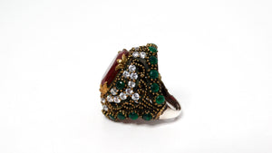 Vintage Sterling Silver Costume Ruby and Emerald Statement Cocktail Ring