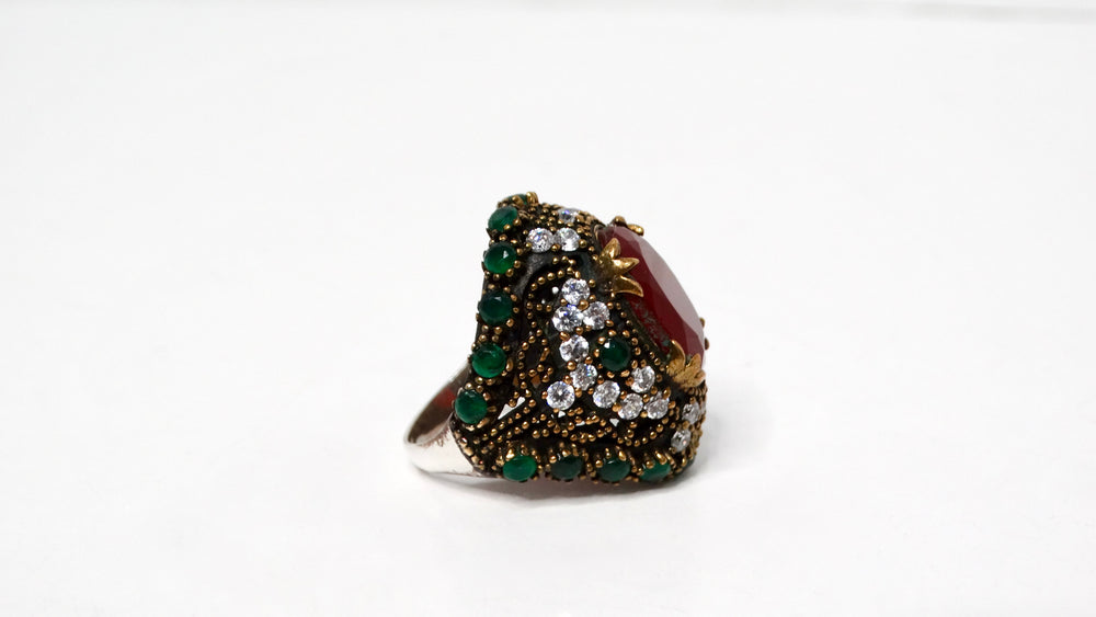 Vintage Sterling Silver Costume Ruby and Emerald Statement Cocktail Ring