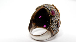 Vintage Sterling Silver Costume Ruby & Rhinestone Statement Cocktail Ring