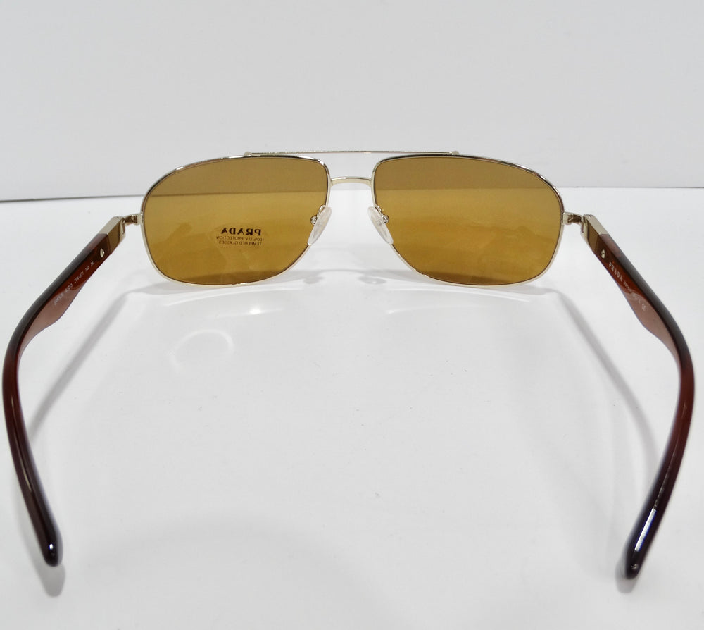 Prada 1990s Brown Gold Tone Aviator Sunglasses
