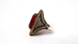 Vintage Costume Ruby & Rhinestone Brass Cocktail Ring