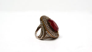 Vintage Costume Ruby & Rhinestone Brass Cocktail Ring