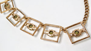 Gold-Tone Geometric Square Link Necklace With Rhinestone Accents