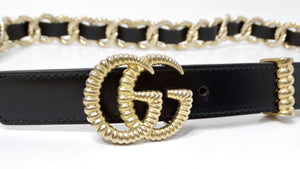 Gucci Black Calfskin Leather Double G Logo Champagne Gold Tone Belt