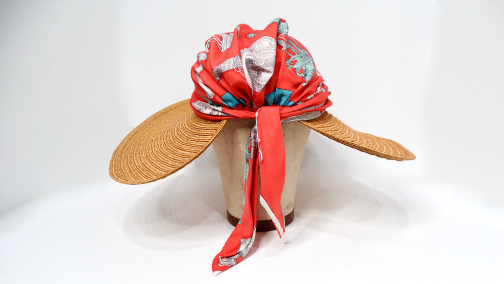 Hermes Chapeau Femme Ombline Coral Printed Silk Scarf Tresse Hat