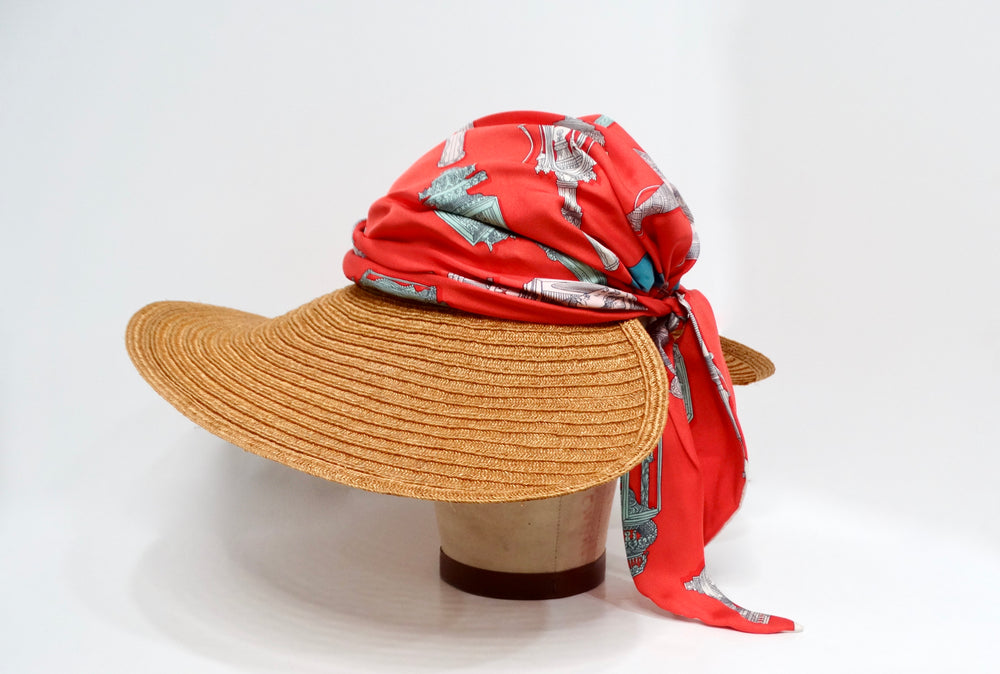 Hermes Chapeau Femme Ombline Coral Printed Silk Scarf Tresse Hat