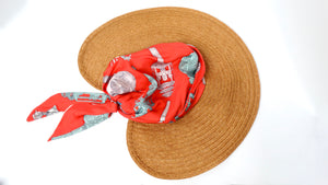 Hermes Chapeau Femme Ombline Coral Printed Silk Scarf Tresse Hat