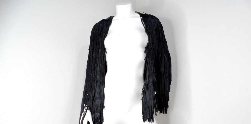 Italian Black Silk Ribbon Fringe Statement Crochet Jacket