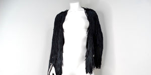 Italian Black Silk Ribbon Fringe Statement Crochet Jacket