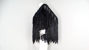 Italian Black Silk Ribbon Fringe Statement Crochet Jacket