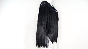 Italian Black Silk Ribbon Fringe Statement Crochet Jacket