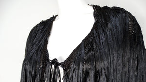 Italian Black Silk Ribbon Fringe Statement Crochet Jacket